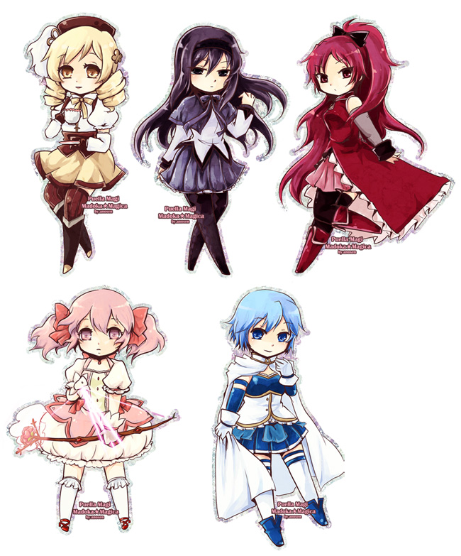 5girls, akemi_homura, anosen, beret, black_hair, blonde_hair, blue_eyes, blue_hair, boots, bow_(weapon), cape, chibi, cup, drill_hair, gloves, hairband, hat, kaname_madoka, long_hair, magical_girl, mahou_shoujo_madoka_magica, miki_sayaka, multiple_girls, pantyhose, pink_eyes, pink_hair, ponytail, purple_eyes, red_eyes, red_hair, redhead, ribbon, sakura_kyouko, short_hair, skirt, teacup, thigh-highs, thighhighs, tomoe_mami, twintails, violet_eyes, weapon, white_gloves, yellow_eyes