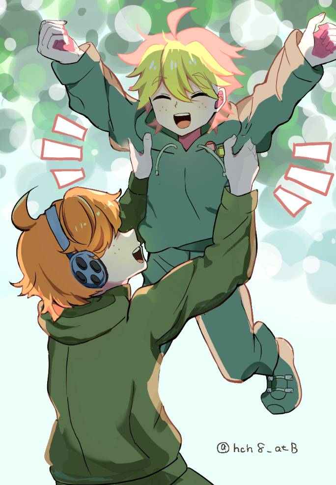 2boys, ahoge, arms_up, blonde_hair, blue_hoodie, brief_(psg), closed_eyes, father_and_son