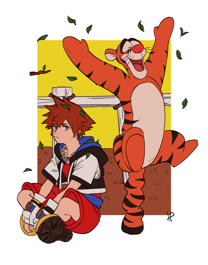 2boys, blue_eyes, brown_hair, chain, chain_necklace, commentary_request, fence, fingerless_gloves, frown, gloves, hood, hooded_jacket, indian_style, jacket, jewelry, kingdom_hearts, kingdom_hearts_i, leaf, male_focus, multiple_boys, necklace, red_shorts, sashimi_umasugi, shoes, short-sleeved_jacket, short_sleeves, shorts, signature, sitting, sora_(kingdom_hearts), tigger, white_gloves, winnie_the_pooh, yellow_shoes