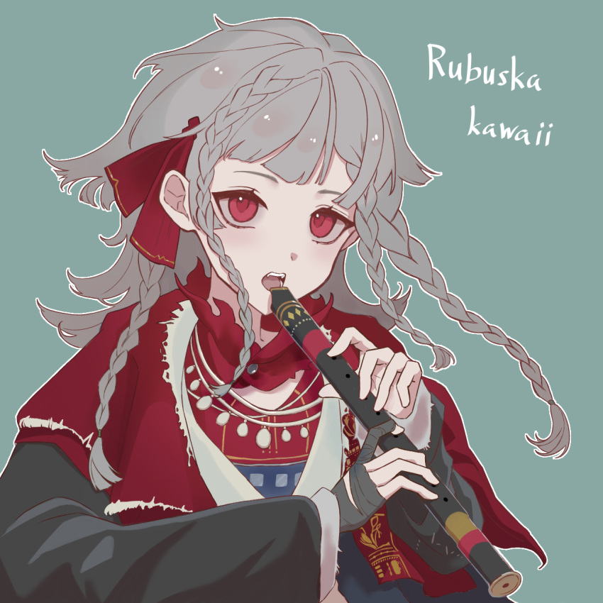 1girl, aqua_background, black_coat, black_gloves, character_name, cloak, coat, fingerless_gloves, flute, gloves, grey_hair, highres, holding, holding_flute, holding_instrument, instrument, masei_shibou, medium_hair, open_mouth, quad_braids, red_cloak, red_eyes, reverse:1999, romaji_text, rubuska, single_glove, solo, upper_body