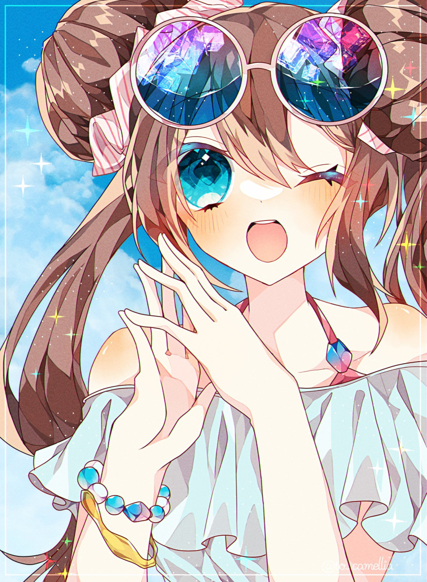 1girl, :d, alternate_costume, bare_shoulders, blue-tinted_eyewear, blue_background, blue_eyes, bracelet