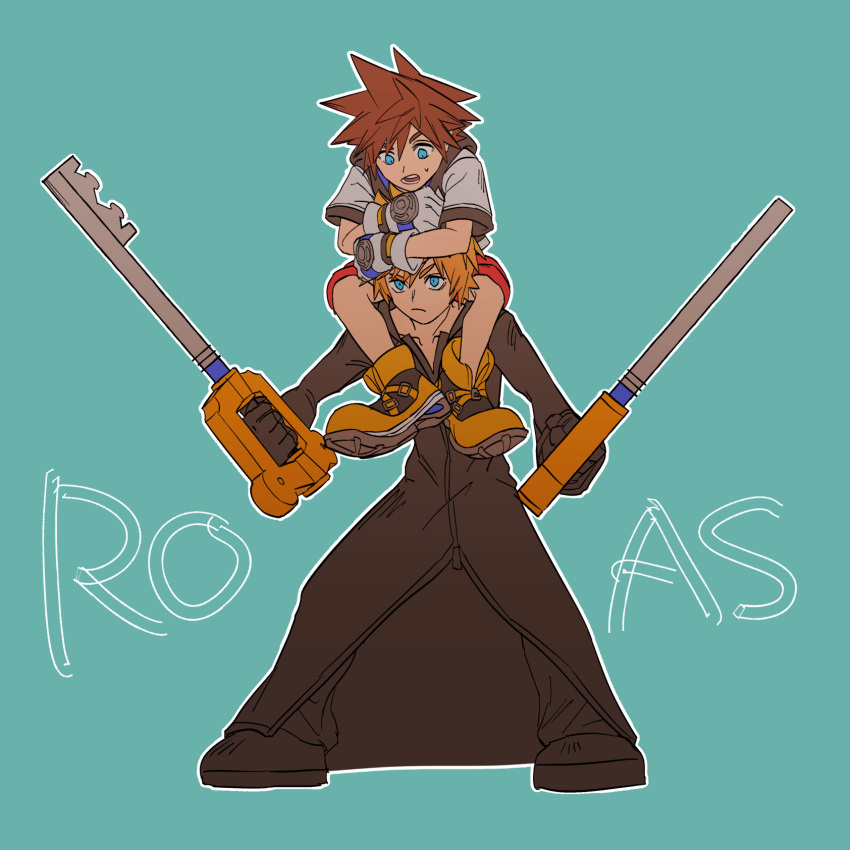 2boys, black_coat_(kingdom_hearts), blonde_hair, blue_eyes, brown_hair, carrying, character_name, commentary_request, dual_wielding, gloves, highres, holding, holding_weapon, keyblade, kingdom_hearts, kingdom_hearts_358/2_days, kingdom_hearts_i, kingdom_key, male_focus, multiple_boys, red_shorts, roxas, sashimi_umasugi, shoes, shorts, shoulder_carry, sora_(kingdom_hearts), spiky_hair, weapon, white_gloves, yellow_shoes
