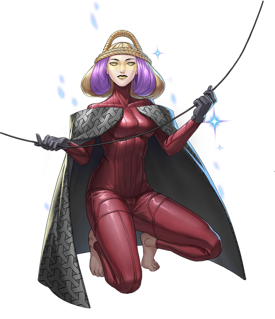 1girl, artist_request, barefoot, black_cape, black_gloves, blonde_hair, braid, breasts, cape, demon_(megami_tensei), gloves, holding, holding_string, lachesis_(megami_tensei), multicolored_hair, official_art, persona, persona_5, persona_5:_the_phantom_x, purple_hair, shin_megami_tensei, solo, squatting, string, third-party_source, transparent_background, two-tone_hair, yellow_eyes