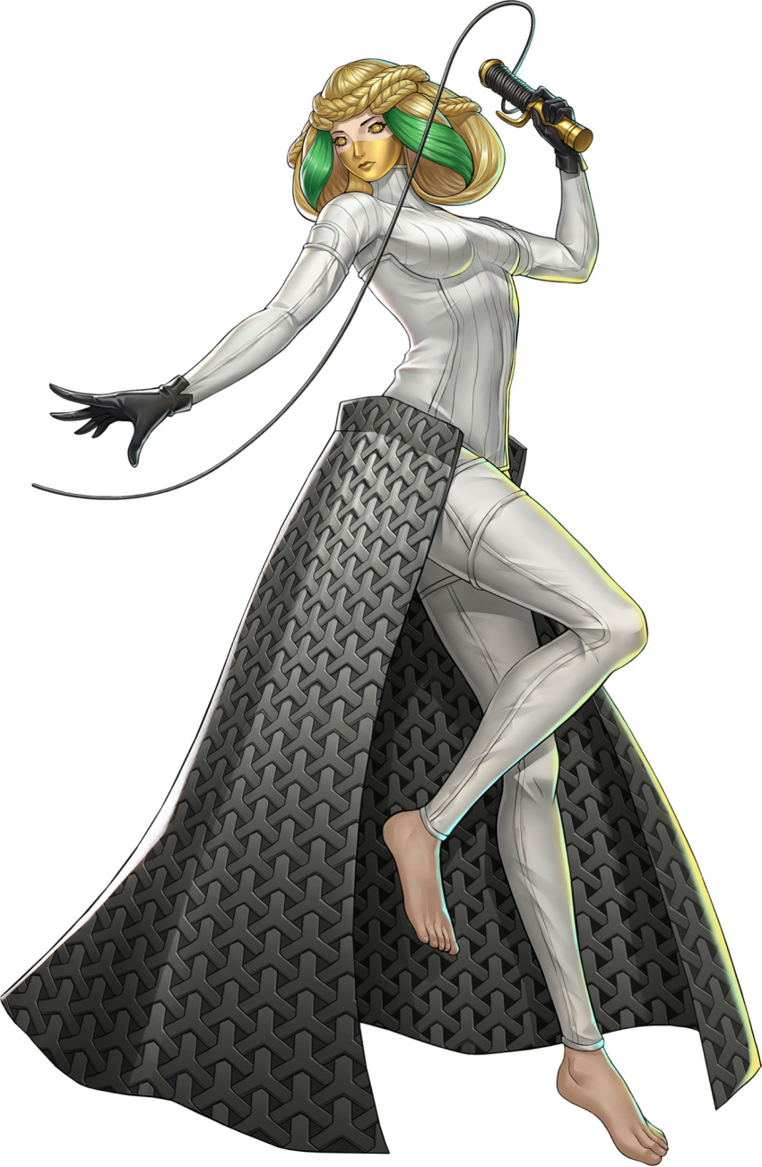 1girl, artist_request, barefoot, black_gloves, blonde_hair, braid, breasts, clotho_(megami_tensei), demon_(megami_tensei), gloves, green_hair, highres, holding_spool, multicolored_hair, official_art, persona, persona_5, persona_5:_the_phantom_x, shin_megami_tensei, solo, spool, third-party_source, transparent_background, two-tone_hair, yellow_eyes