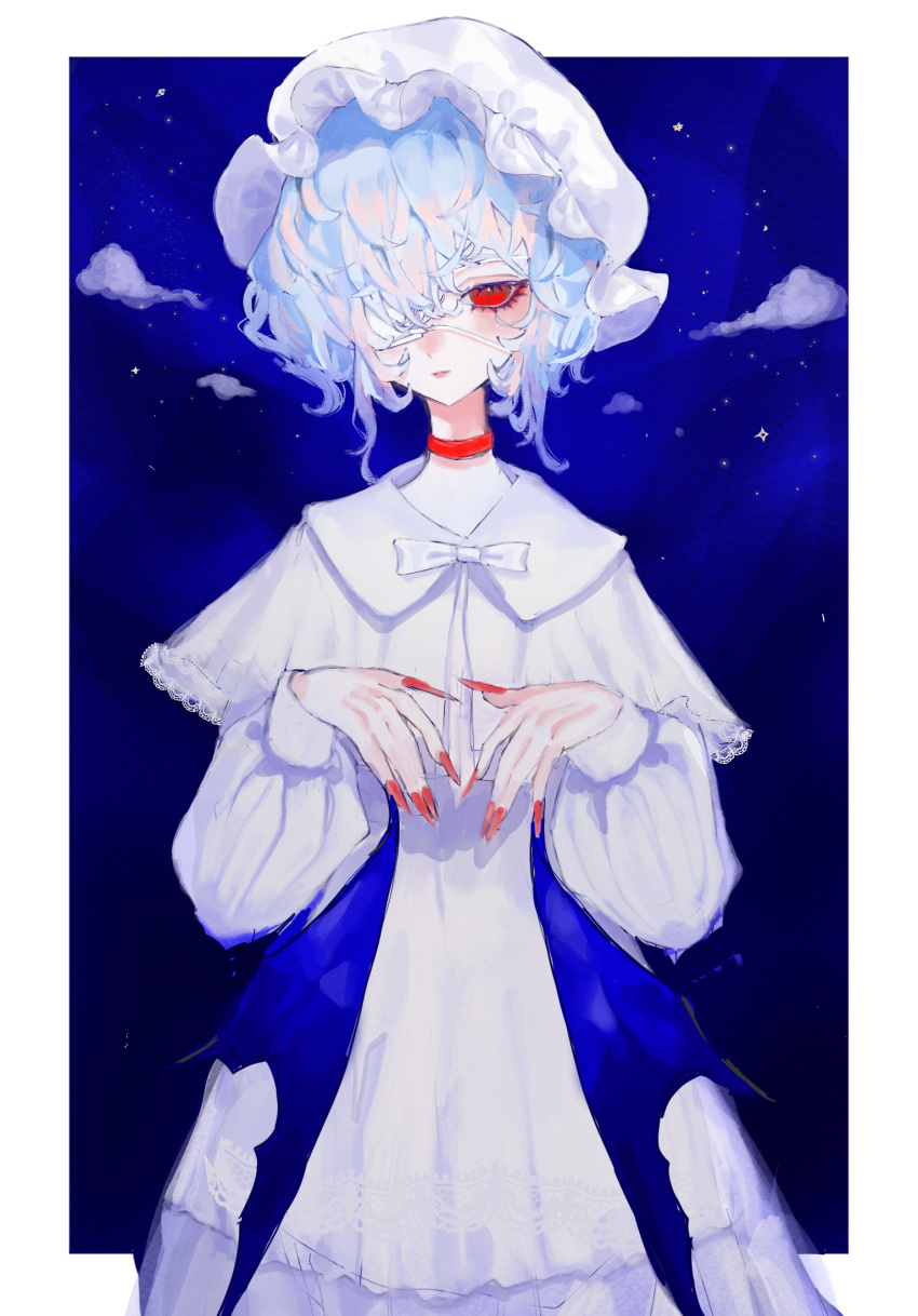 1girl, bow, bowtie, choker, clouds, dress, eyepatch, frilled_hat