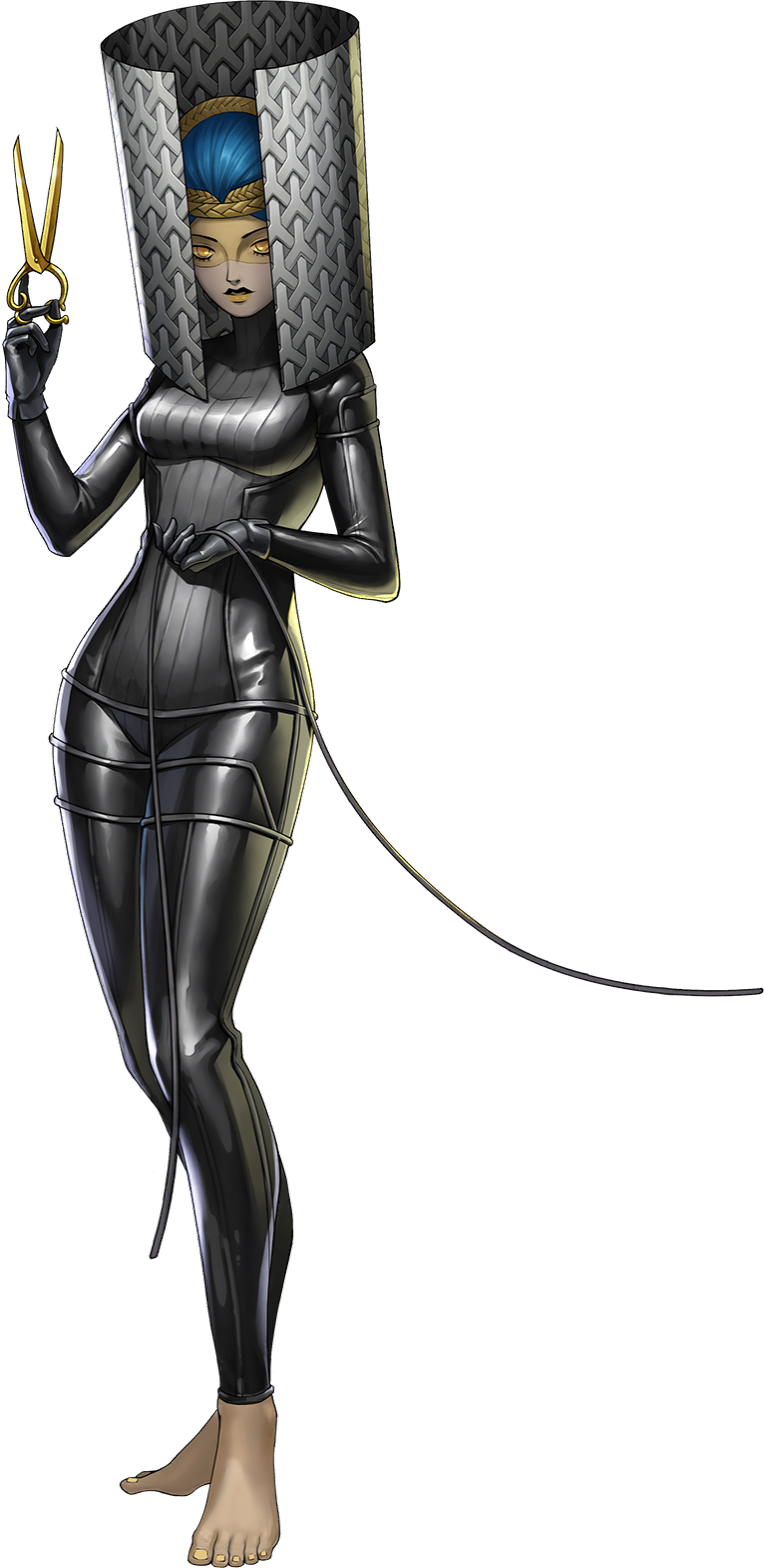 1girl, artist_request, atropos_(megami_tensei), barefoot, black_gloves, blue_hair, breasts, demon_(megami_tensei), gloves, highres, holding, holding_scissors, holding_string, official_art, orange_eyes, persona, persona_5, persona_5:_the_phantom_x, scissors, shin_megami_tensei, solo, string, third-party_source, transparent_background