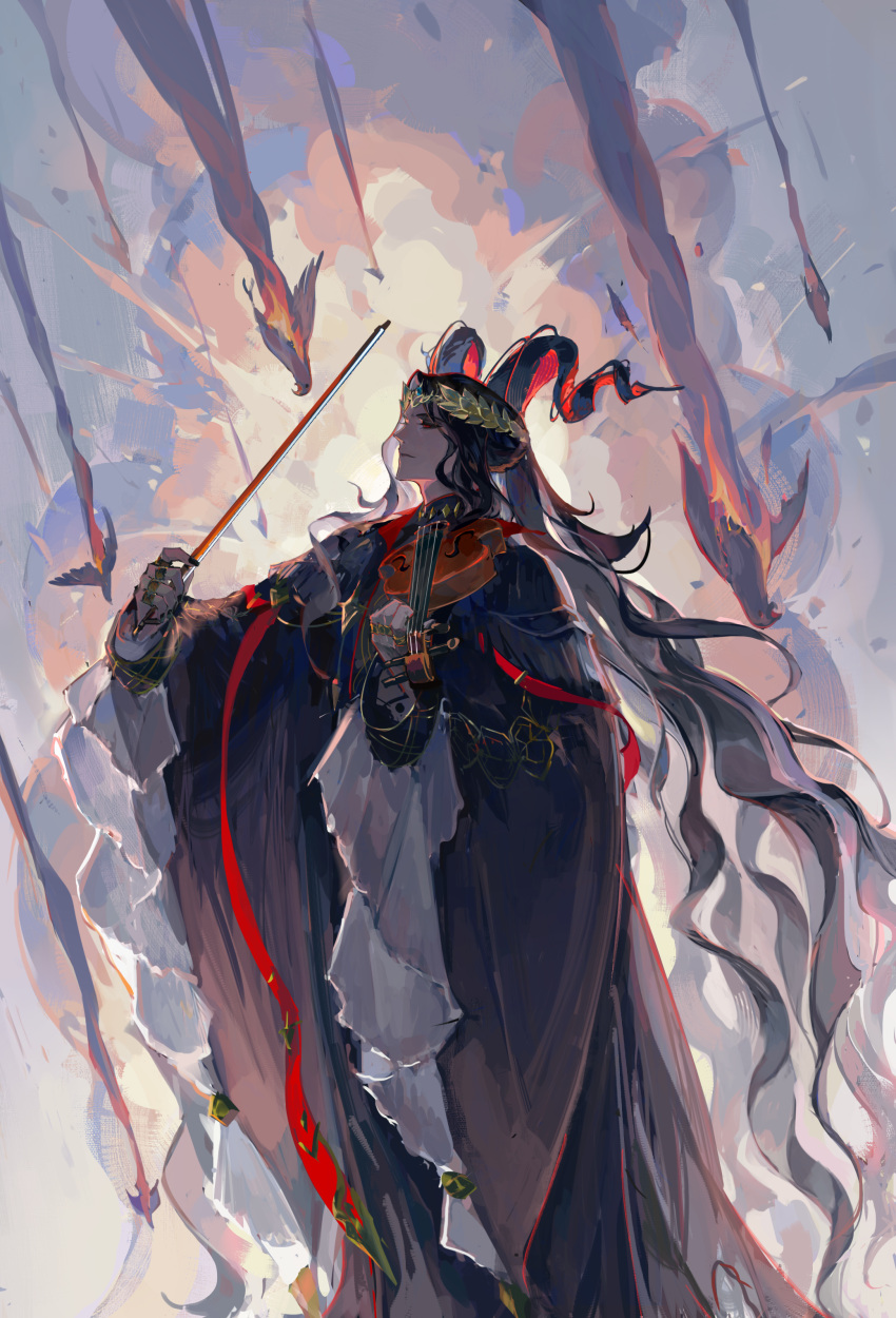 1girl, absurdres, ackerman03650, arknights, black_hair, black_robe, goat_boy, goat_horns