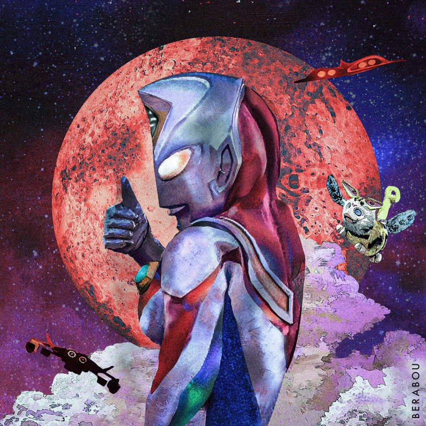 1boy, aircraft, airplane, alien, armor, artist_name, blue_eyes, blue_skin, breastplate, clouds, color_timer, colored_skin, commentary, compound_eyes, crystal, dorsal_fin, fangs, fighter_jet, flying, forehead_jewel, from_side, glowing, glowing_eyes, gradient_background, gradient_eyes, gradient_sky, guts_eagle_alpha-superior, hand_up, hanejiro, hashtag-only_commentary, highres, large_pectorals, looking_ahead, male_focus, mars_(planet), military_vehicle, multicolored_eyes, multicolored_skin, muscular, muscular_male, no_pupils, obakelope0530, outdoors, pectorals, planet, plasma_type_100, red_skin, romaji_text, silver_skin, sky, solo_focus, star_(sky), starry_sky, thumbs_up, tokusatsu, ultra_series, ultraman_dyna, ultraman_dyna_(flash_type), ultraman_dyna_(series), upper_body, white_eyes, wrinkled_skin