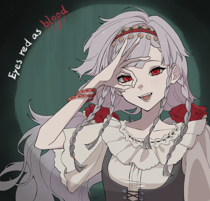 1girl, :d, bracelet, english_text, fangs, green_background, grey_hair, hairband, highres, jewelry, looking_at_viewer, masei_shibou, ok_sign, ok_sign_over_eye, open_mouth, quad_braids, red_eyes, red_hairband, reverse:1999, rubuska, shirt, short_sleeves, smile, solo, teeth, upper_body, white_shirt