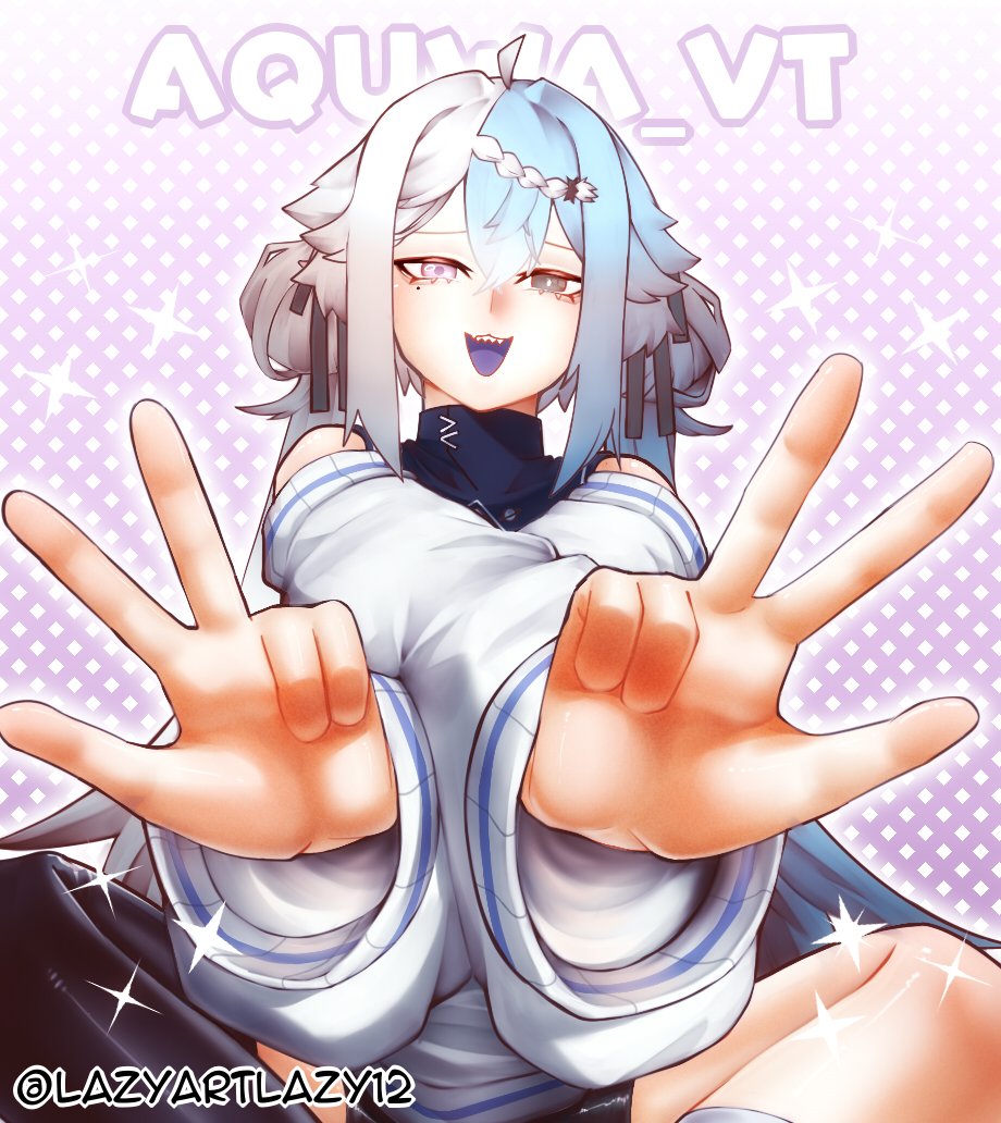 1girl, aquwa, bare_shoulders, black_eyes, blue_hair, crossed_arms, heterochromia, indie_virtual_youtuber