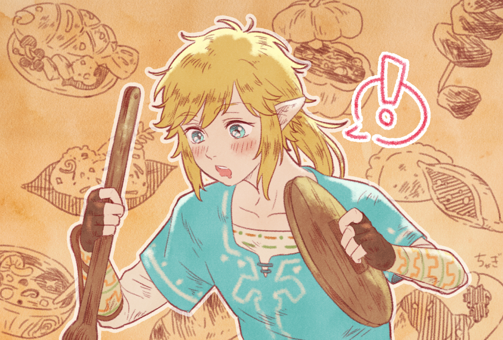 !, 1boy, blonde_hair, blue_eyes, blue_tunic, blush, bracer, brown_background