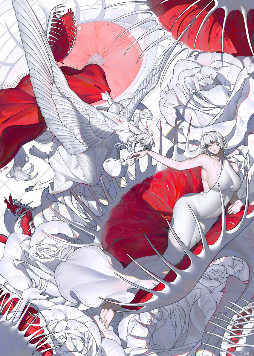 1boy, 1girl, absurdly_long_hair, absurdres, angel, angel_wings, animal_ears, arm_support