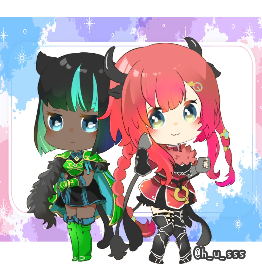 2girls, alberta_(fire_emblem), armor, carina_(fire_emblem), chibi, cow_girl, dark-skinned_female, dark_skin