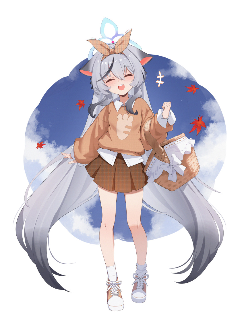 1girl, absurdres, alternate_costume, animal_ears, autumn, autumn_leaves, basket, black_hair