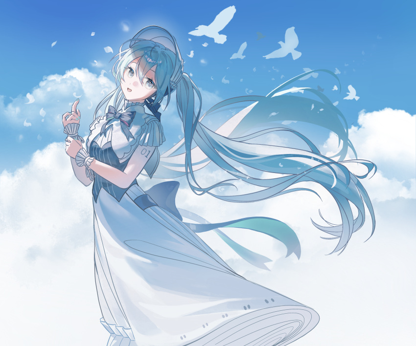 1girl, absurdres, aqua_eyes, aqua_hair, aqua_nails, arm_tattoo, bird, blue_sky