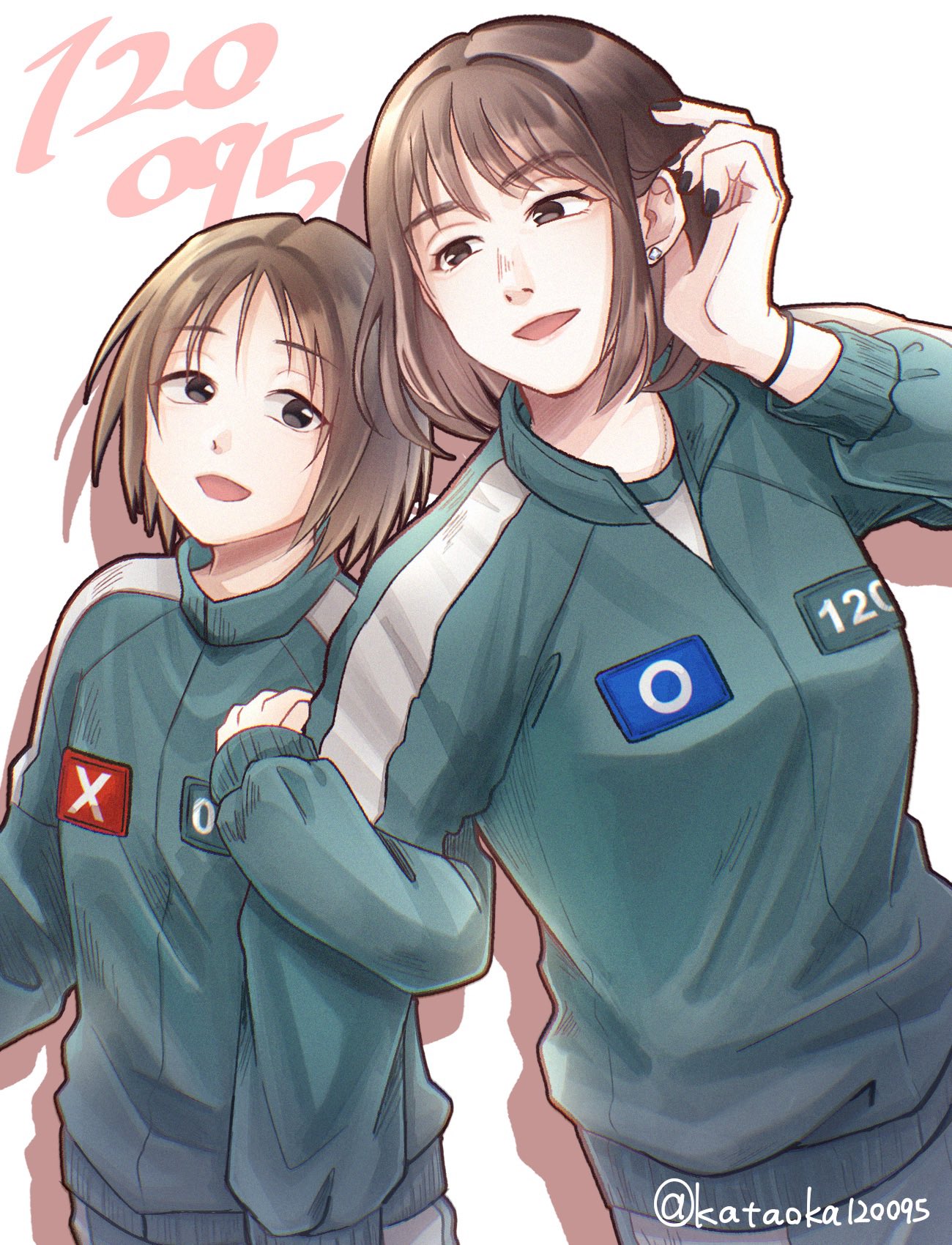2girls, :d, aegyo_sal, arm_hug, black_eyes, black_nails, bob_cut, bracelet, breasts, brown_hair, cho_hyun-ju, choppy_bangs, chromatic_aberration, collared_jacket, cowboy_shot, drop_shadow, earrings, eye_contact, film_grain, green_jacket, green_pants, hand_up, hashtag-only_commentary, highres, jacket, jewelry, kataoka120095, kim_young-mi, long_sleeves, looking_at_another, multiple_girls, nail_polish, open_mouth, pants, puffy_long_sleeves, puffy_sleeves, shirt, short_hair, simple_background, single_vertical_stripe, small_breasts, smile, squid_game, standing, tongue, twitter_username, white_background, white_shirt
