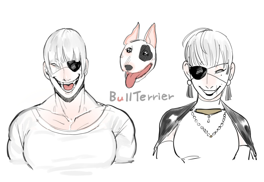 1boy, 1girl, :d, animal_name, black_lips, bull_terrier, collarbone, commentary