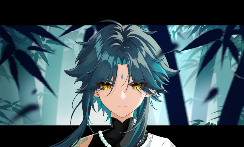 1boy, aqua_hair, bead_necklace, beads, black_hair, closed_mouth, facial_mark, fishinthetea, forehead_mark, genshin_impact, hair_between_eyes, highres, jewelry, long_hair, male_focus, multicolored_hair, necklace, shoulder_tattoo, solo, streaked_hair, tattoo, xiao_(genshin_impact), yellow_eyes