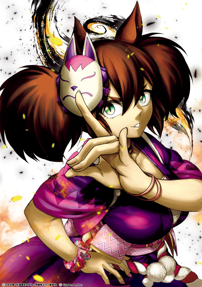 1girl, absurdres, animal_ears, bracelet, breasts, brown_hair, chest_sarashi, commentary_request