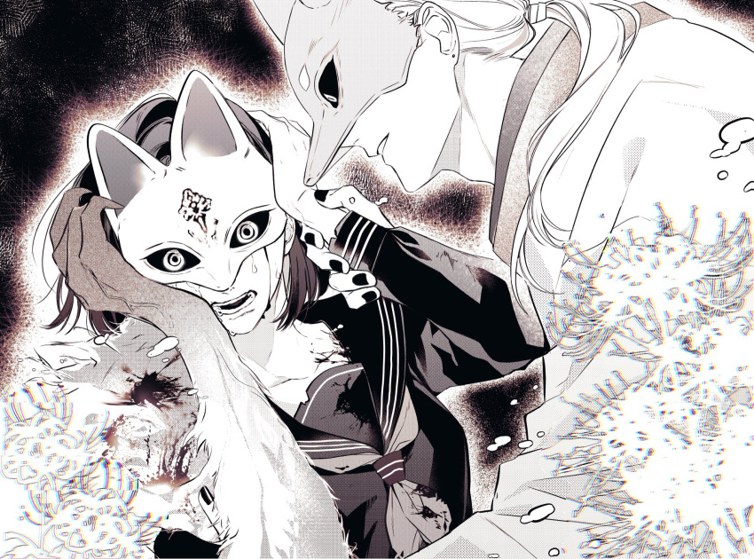 1boy, 1girl, black_serafuku, flower, fox_mask, fox_mask_(silent_hill), hayashi_269, highres