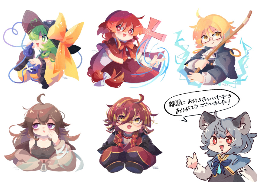 6+girls, :3, :d, ahoge, animal_ears, ascot, bags_under_eyes, bare_shoulders