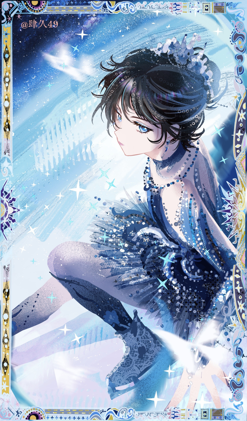 1girl, absurdres, artist_name, bead_necklace, beads, black_hair, blue_choker, blue_dress, blue_eyeshadow, blue_sleeves, boots, chinese_commentary, choker, closed_mouth, commentary_request, dancing, dancing_frost_(infinity_nikki), detached_sleeves, dress, earrings, expressionless, eyelashes, eyeshadow, flower, foot_out_of_frame, frost, grey_pantyhose, hair_beads, hair_bun, hair_flower, hair_ornament, highres, ice_skates, ice_skating, infinity_nikki, jewelry, lace, light_particles, long_sleeves, looking_at_viewer, makeup, necklace, night, night_sky, nikki_(series), outdoors, pantyhose, picture_frame, pointy_nose, shadow, short_dress, short_hair, sijiu_49, single_hair_bun, skates, skating, sky, solo, sparkle, star_(sky), starry_sky, strapless, strapless_dress, tutu, updo, white_boots, white_flower