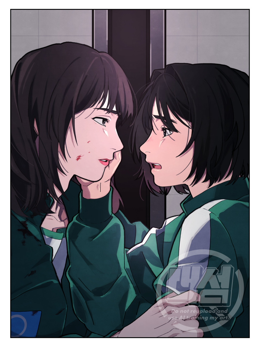 2girls, absurdres, black_eyes, black_hair, blood, blood_on_cheek, blood_on_face, border