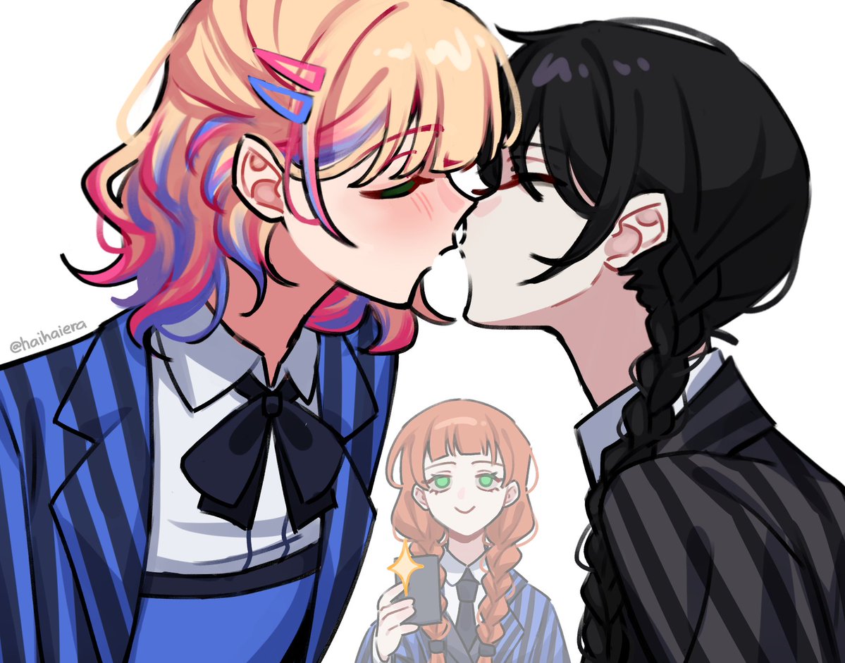 3girls, addams_family, agnes_demille, artist_name, black_bow, black_bowtie, black_hair, black_shirt