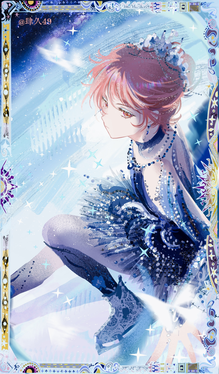 1girl, absurdres, artist_name, bead_necklace, beads, blue_choker, blue_dress, blue_eyeshadow