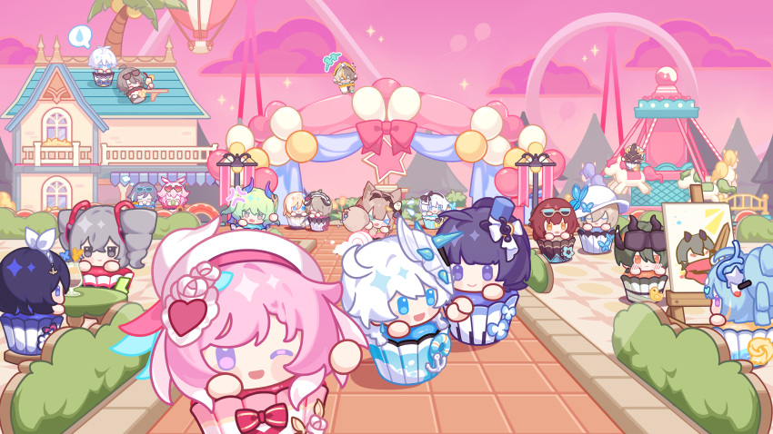 absurdres, ahoge, amusement_park, anger_vein, aponia, balloon, blonde_hair, blue_eyes