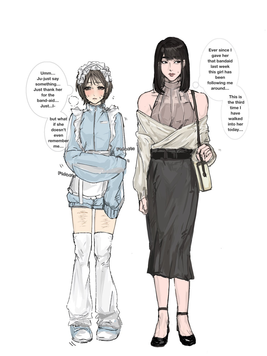 2ckelasie, 2girls, aegyo_sal, alternate_costume, apron, arm_at_side, bag, bare_shoulders, belt, black_belt, black_eyes, black_hair, black_nails, black_shoes, black_skirt, blue_jacket, blue_shoes, blue_shorts, blunt_bangs, blush, breasts, brown_hair, cho_hyun-ju, closed_mouth, collarbone, commentary, english_text, facing_viewer, flying_sweatdrops, frilled_apron, frills, full_body, hand_on_own_arm, headdress, high-waist_skirt, high_heels, highres, holding, holding_bag, jacket, jersey_maid, kim_young-mi, lips, long_skirt, long_sleeves, looking_to_the_side, maid, maid_apron, maid_headdress, medium_hair, multiple_girls, nail_polish, off-shoulder_jacket, off_shoulder, pencil_skirt, pigeon-toed, puffy_long_sleeves, puffy_shorts, puffy_sleeves, self-harm, shoes, short_hair, shorts, shoulder_bag, sideways_glance, simple_background, single_vertical_stripe, skirt, sleeveless, sleeveless_sweater, sleeveless_turtleneck, small_breasts, speech_bubble, squid_game, standing, straight-on, straight_hair, sweat, sweater, swept_bangs, symbol-only_commentary, thigh-highs, thought_bubble, track_jacket, turtleneck, turtleneck_jacket, turtleneck_sweater, unconventional_maid, waist_apron, white_apron, white_background, white_bag, white_headdress, white_jacket, white_thighhighs, wispy_bangs, zipper