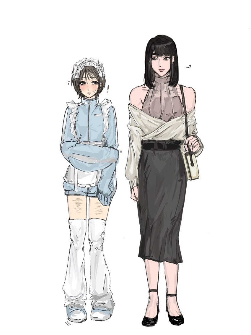 !, ..., 2ckelasie, 2girls, ?, aegyo_sal, alternate_costume, apron, arm_at_side, bag, bare_shoulders, belt, black_belt, black_eyes, black_hair, black_nails, black_shoes, black_skirt, blue_jacket, blue_shoes, blue_shorts, blunt_bangs, blush, breasts, brown_hair, cho_hyun-ju, closed_mouth, collarbone, commentary, eye_contact, facing_viewer, flying_sweatdrops, frilled_apron, frills, full_body, hand_on_own_arm, headdress, high-waist_skirt, high_heels, highres, holding, holding_bag, jacket, jersey_maid, kim_young-mi, lips, long_skirt, long_sleeves, looking_at_another, maid, maid_apron, maid_headdress, medium_hair, multiple_girls, nail_polish, off-shoulder_jacket, off_shoulder, pencil_skirt, pigeon-toed, puffy_long_sleeves, puffy_shorts, puffy_sleeves, self-harm, shoes, short_hair, shorts, shoulder_bag, sideways_glance, simple_background, single_vertical_stripe, skirt, sleeveless, sleeveless_sweater, sleeveless_turtleneck, small_breasts, squid_game, standing, straight-on, straight_hair, sweat, sweater, swept_bangs, symbol-only_commentary, thigh-highs, track_jacket, turtleneck, turtleneck_jacket, turtleneck_sweater, unconventional_maid, waist_apron, white_apron, white_background, white_bag, white_headdress, white_jacket, white_thighhighs, wispy_bangs, zipper