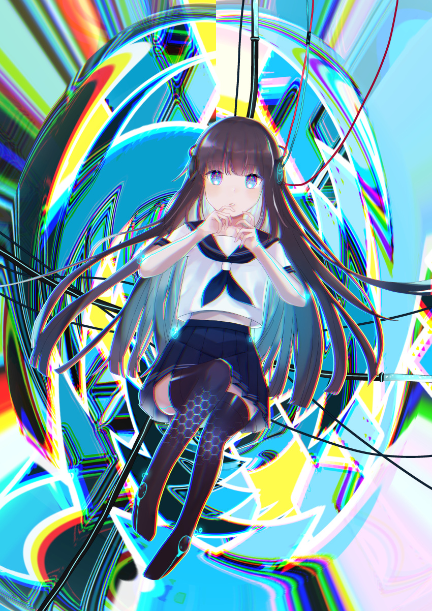 1girl, abstract_background, absurdres, ai_(shining_nikki), artificial_intelligence, bare_arms, black_neckerchief, black_sailor_collar