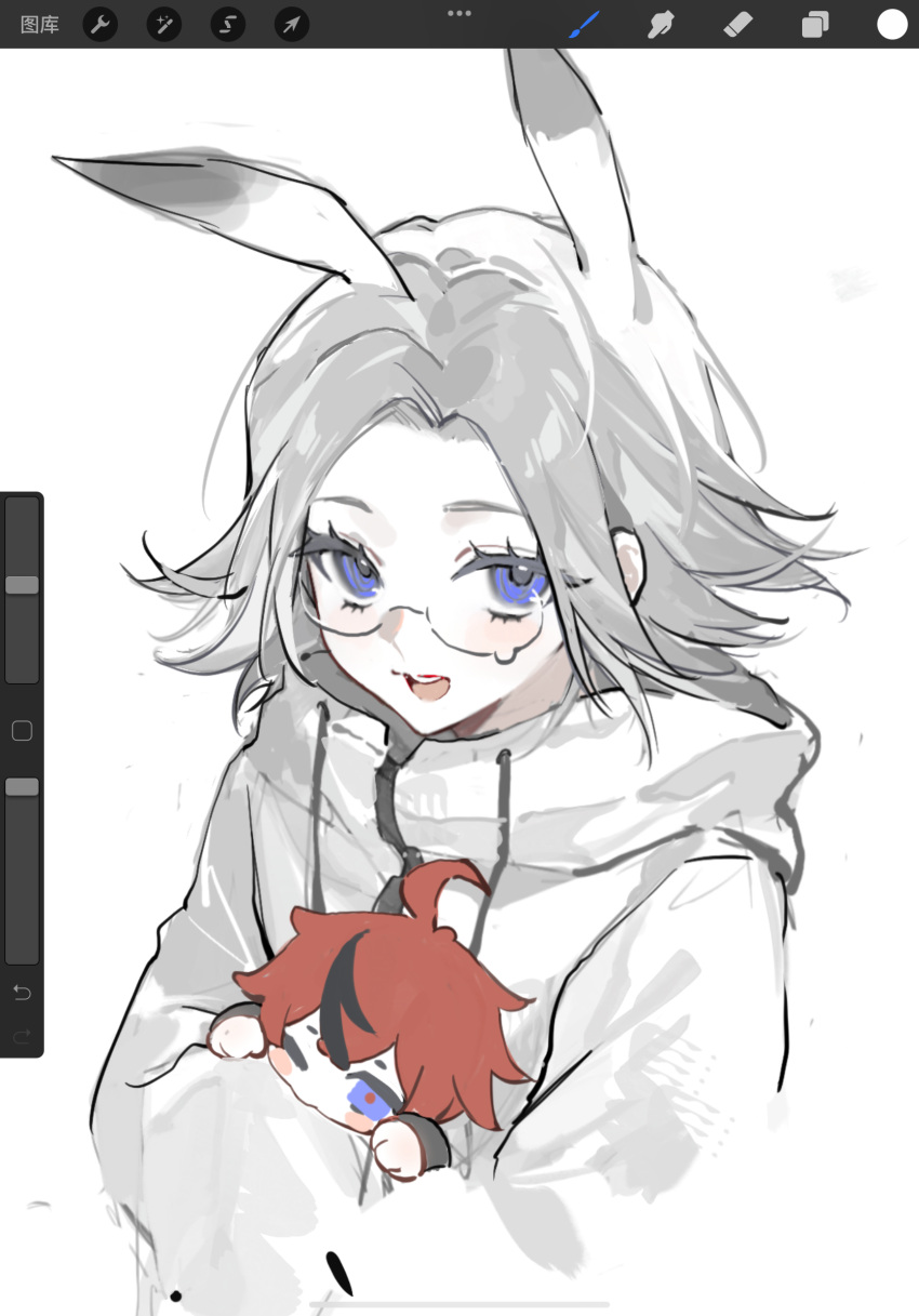 2boys, :d, animal_ears, aotsuki_eito, art_program_in_frame, blue_eyes, chibi, chunjinran000
