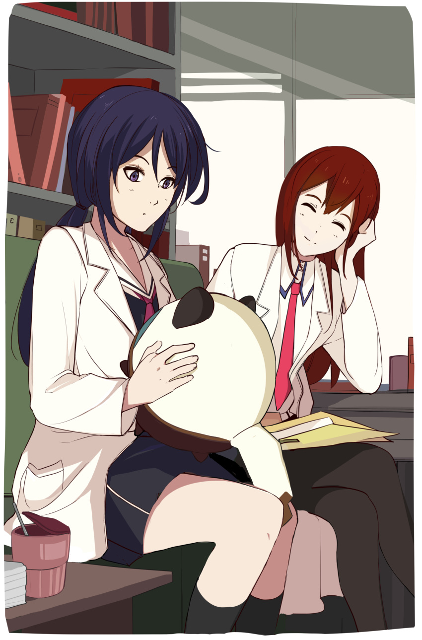 2girls, absurdres, arcsinus, blush, breasts, chair, chaos;child, closed_eyes