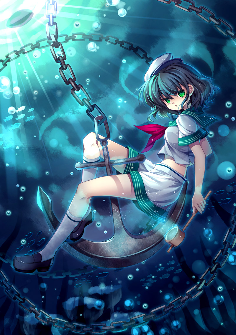 anchor, black_hair, capura_lin, chain, chains, fish, green_eyes, hat