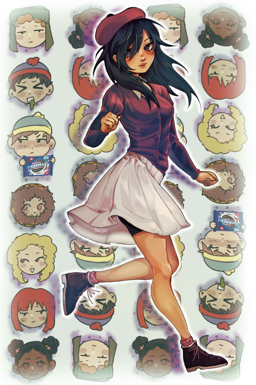 animification, bebe_stevens, beret, bike_shorts_under_skirt, black_hair, eric_cartman, frillyxo, hat