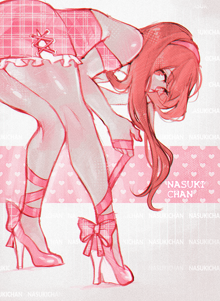 1girl, ankle_bow, ankle_ribbon, artist_name, ass, bare_shoulders, bow, dress