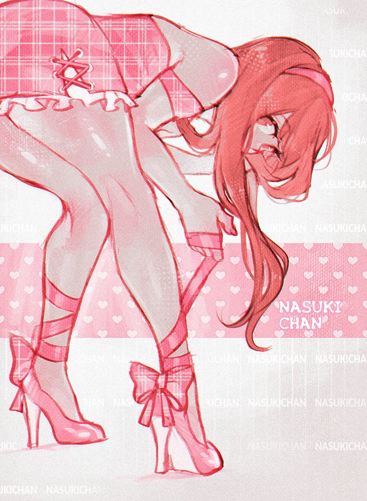 1girl, ankle_bow, ankle_ribbon, artist_name, ass, bare_shoulders, bow, dress