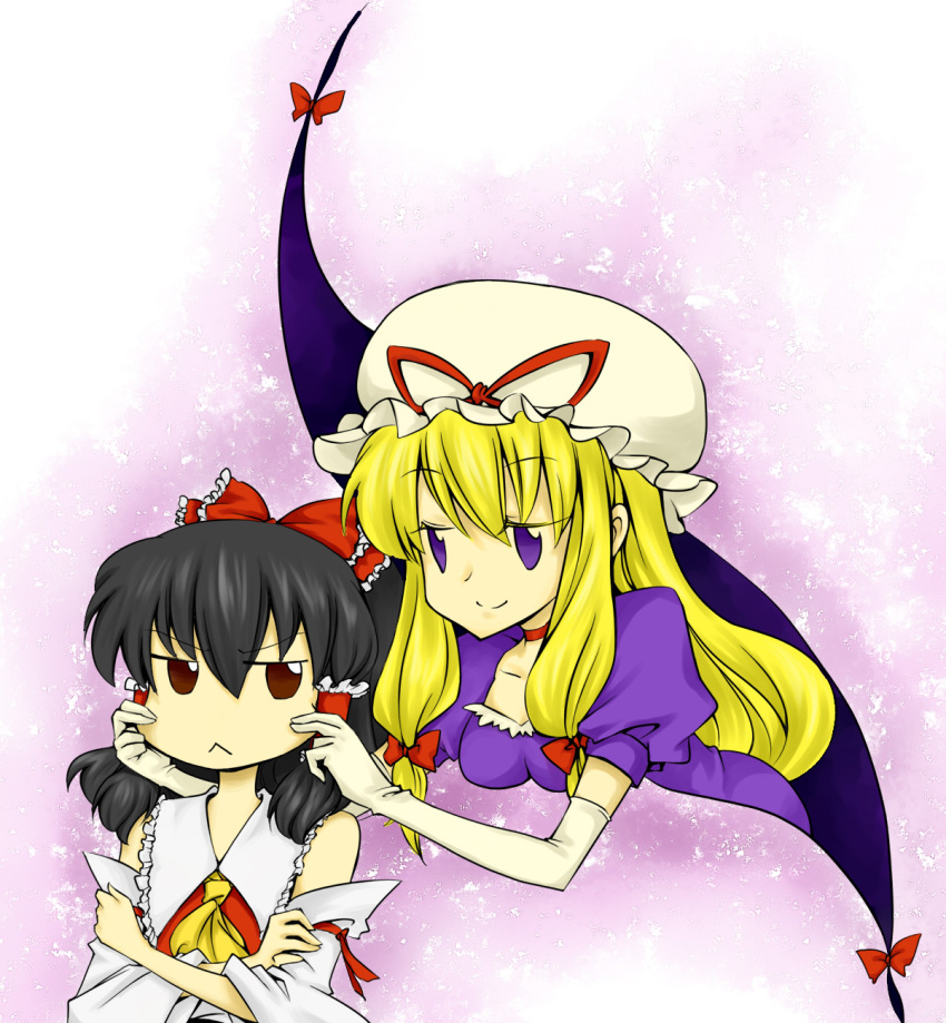 :<, ascot, bad_id, black_hair, blonde_hair, bow, brown_eyes, bust, cheek_pinch, cheek_pinching, choker, crossed_arms, detached_sleeves, dress, elbow_gloves, fuji_tsugu, fujikei_shin, gap, gloves, hair_bow, hair_tubes, hakurei_reimu, happy_birthday, highres, long_hair, miko, multiple_girls, pinch, pinching, purple_eyes, touhou, violet_eyes, white_gloves, yakumo_yukari