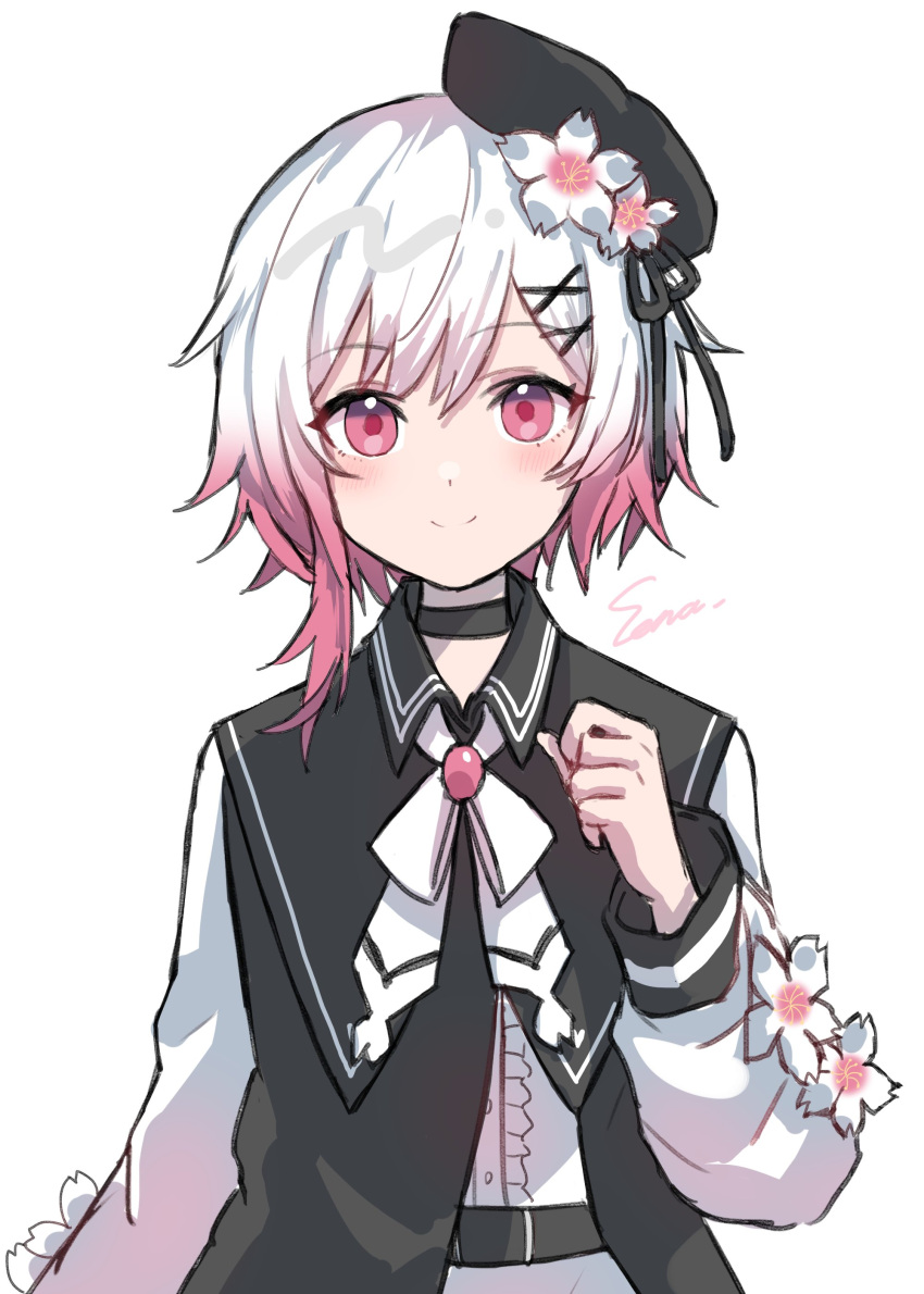 1girl, absurdres, aimermermer, beret, black_choker, black_hat, cherry_blossoms, choker