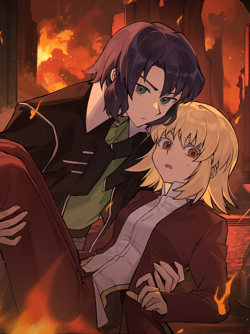 1boy, 1girl, athrun_zala, blonde_hair, blue_hair, cagalli_yula_athha, carrying, collared_shirt