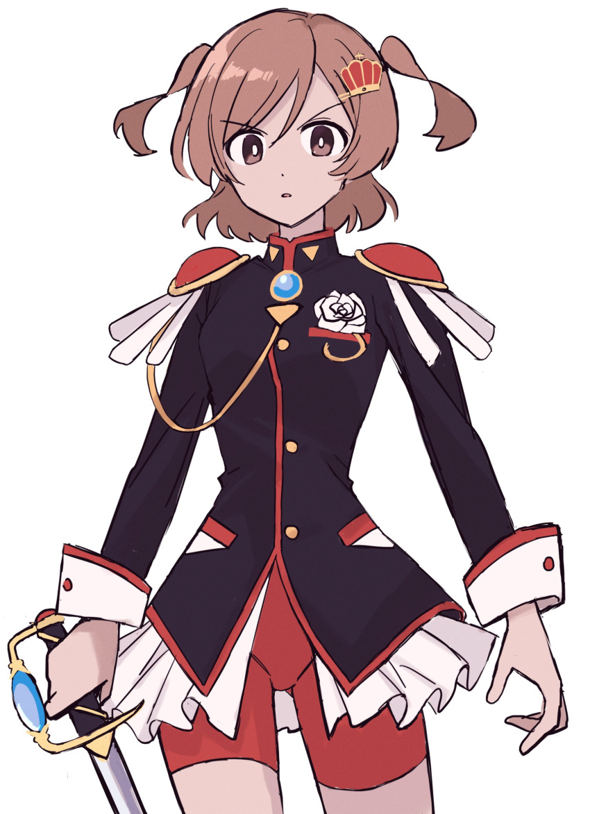 1girl, aijou_karen, arms_at_sides, black_jacket, bright_pupils, brown_eyes, brown_hair, buttons