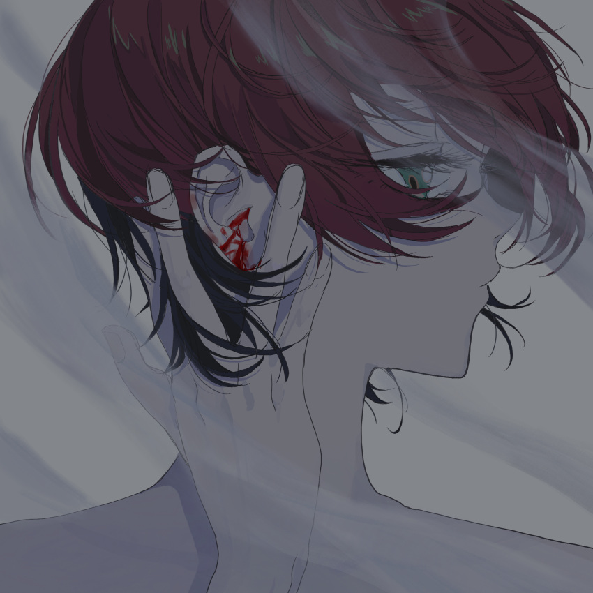 1girl, amate_yuzuriha, aqua_eyes, black_hair, bleeding, blood, blood_on_ears, floating_hair