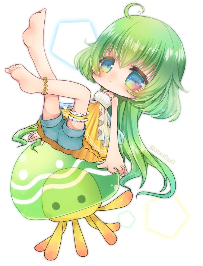 1girl, ahoge, anklet, camisole, chibi, emil_chronicle_online, green_eyes, green_hair