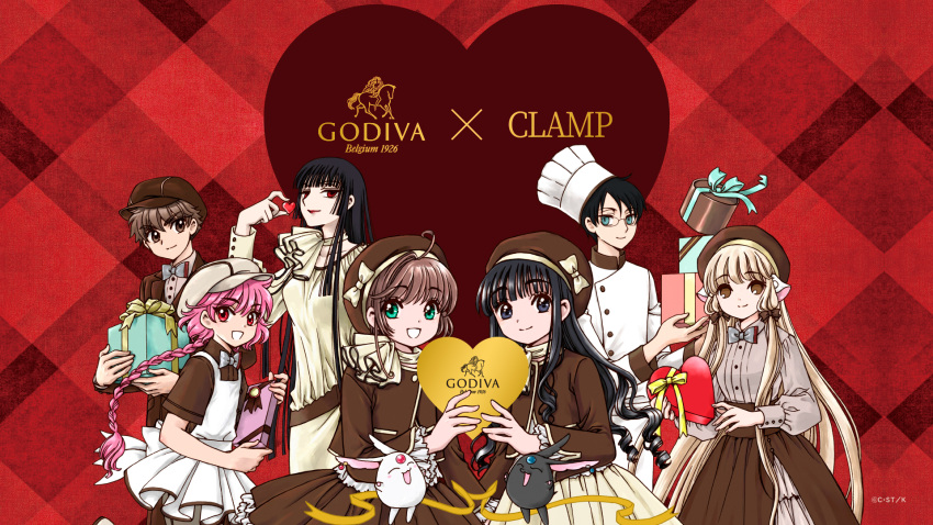 2boys, 5girls, ahoge, apron, black_eyes, black_hair, black_mokona, blonde_hair, blue_eyes, bow, bowtie, braid, braided_ponytail, brown_eyes, brown_hair, cardcaptor_sakura, chef, chef_hat, chii, chobits, chocolate, clamp_(circle), crossover, daidouji_tomoyo, food, gift, glasses, godiva_chocolatier, green_eyes, hair_bow, hat, heart, highres, holding, holding_chocolate, holding_food, holding_gift, ichihara_yuuko, in-franchise_crossover, jacket, kinomoto_sakura, li_syaoran, long_hair, long_sleeves, looking_at_viewer, magic_knight_rayearth, mokona, multiple_boys, multiple_girls, official_art, open_mouth, pink_hair, promotional_art, red_eyes, second-party_source, shidou_hikaru, shirt, short_hair, short_sleeves, single_braid, skirt, smile, watanuki_kimihiro, white_apron, xxxholic