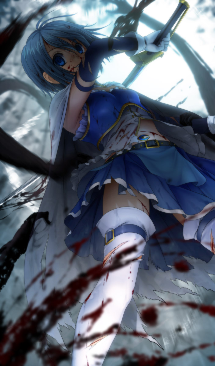 blood_on_clothes, blood_on_face, bloody_clothes, blue_eyes, blue_hair, blurry, cape, cuts