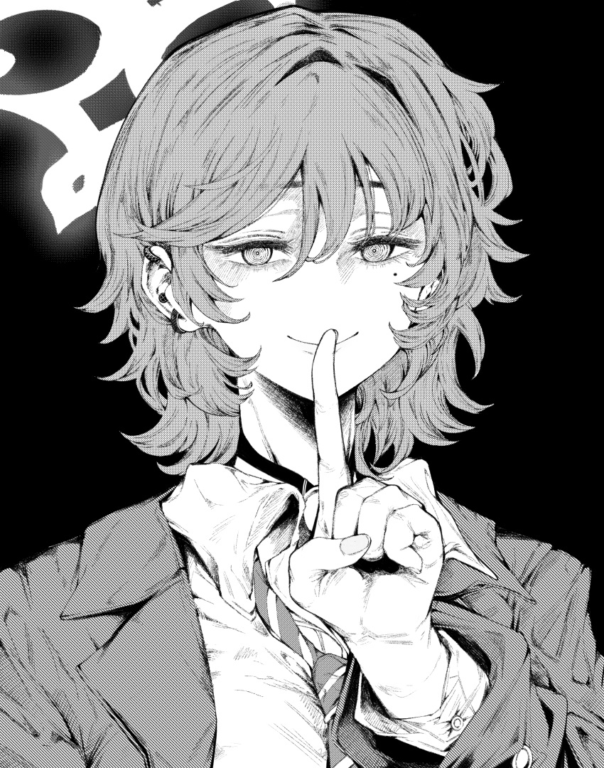 1girl, absurdres, blue_archive, commentary, diagonal-striped_clothes, diagonal-striped_necktie, dress_shirt, earrings, fingernails, fuyu_(blue_archive), greyscale, halo, highres, index_finger_raised, jacket, jewelry, korean_commentary, lightningace, long_sleeves, mole, mole_under_eye, monochrome, necktie, ringed_eyes, shirt, short_hair, simple_background, smile, solo, striped_clothes