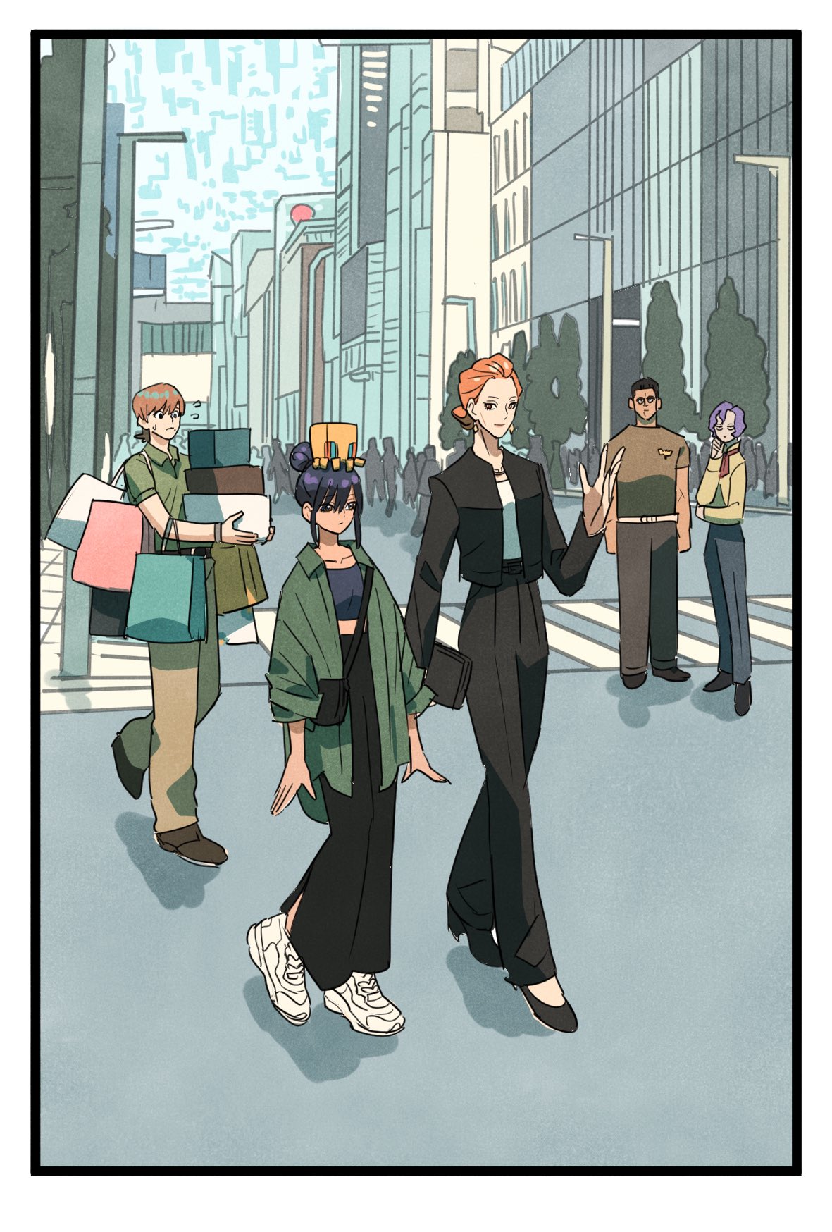 2girls, 3boys, bag, black_hair, box, brown_hair, city, conch_(gundam), crop_top, earrings, gundam, gundam_gquuuuuux, hair_bun, highres, holding, holding_box, jacket, jewelry, kycilia_zabi, long_hair, m'quve, mole, mole_under_mouth, multiple_boys, multiple_girls, non-humanoid_robot, nyaan_(gundam_gquuuuuux), orange_hair, pants, purple_hair, road, robot, shirt, shoes, shopping_bag, single_hair_bun, smile, sneakers, street, takeuchi_ryousuke, tree, updo, uragang, xavier_olivette