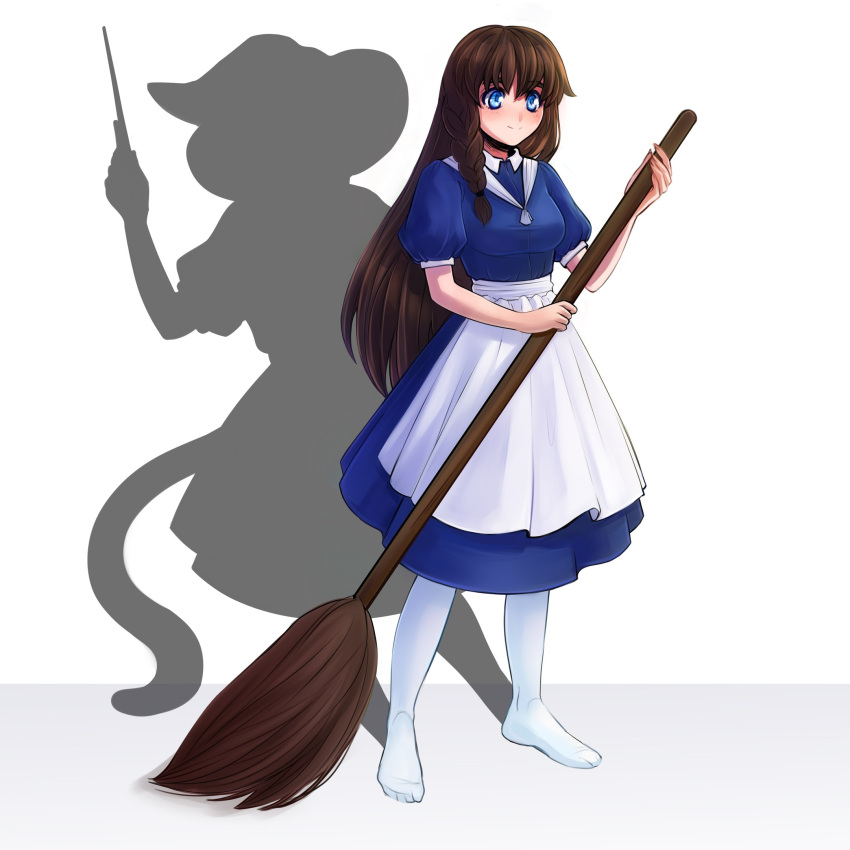 aqua_eyes, blue_dress, braid, broom, brown_hair, cat_girl, cat_tail, commission, commissioner_upload, different_shadow, dress, hat, highres, lemna, long_hair, maid, mewry_(fuki_nyan), non-web_source, original, shadow, smile, sweeping, tail, thigh-highs, wand, white_thighhighs